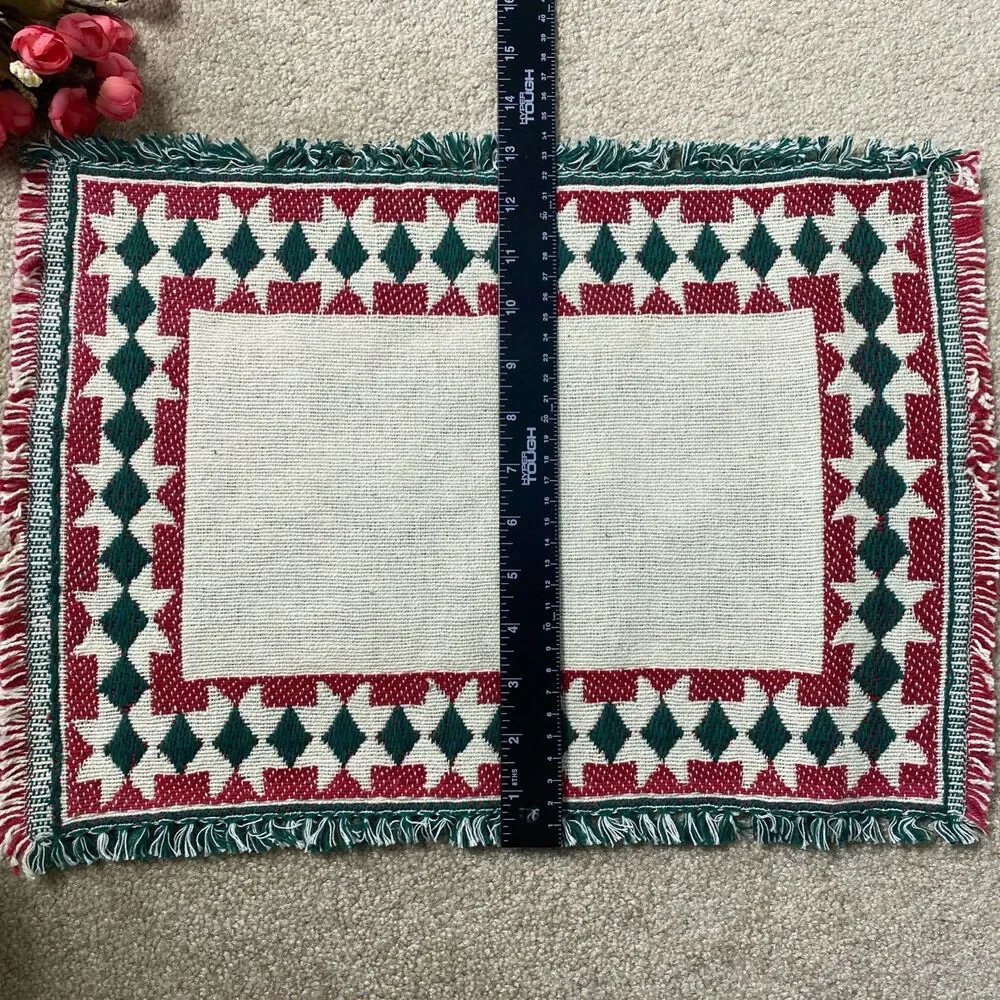 6‎ VTG Woven Decorative Placemats Red Green Geometric Fringe Boho Retro Rustic